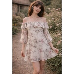 Embrace Floral Cold Shoulder Ruffle Flowy Pastel Dress Pink M Cottagecore Fairy